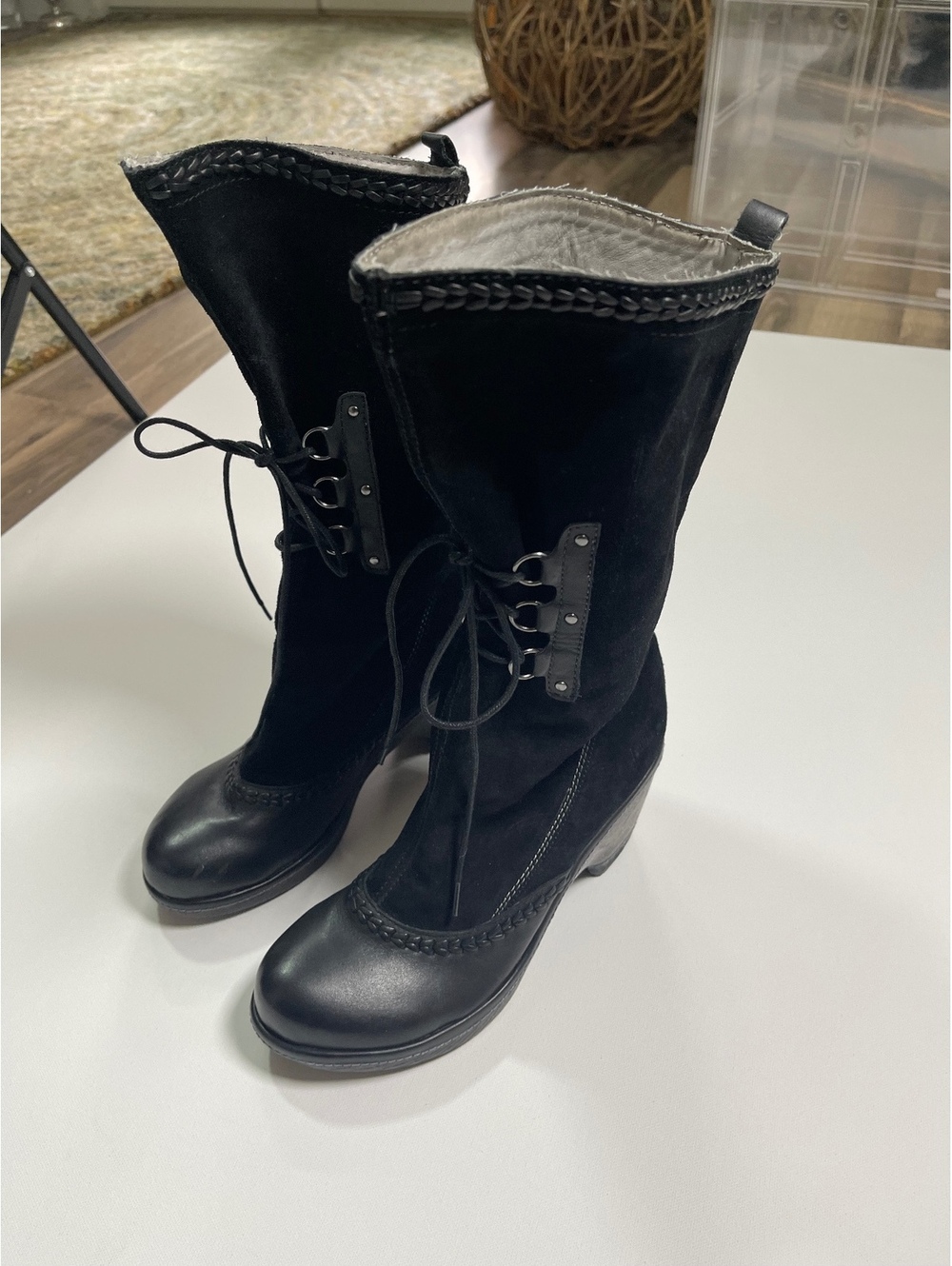 Jambu Black Leather Mid-Calf Lace-Up Boots with Chunky W
